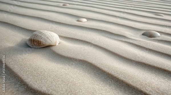 Fototapeta A close-up of a solitary seashell resting on the rippling sandy surface, showcasing the elegance of nature’s designs in a tranquil and serene environment.