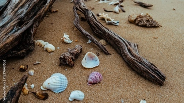 Fototapeta A picturesque scene of assorted seashells nestled on the sandy beach alongside driftwood, embodying the essence of coastal beauty and natural findings.