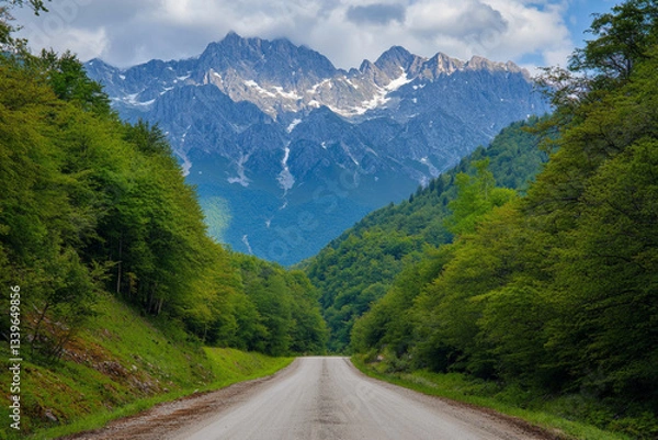 Obraz There is a dirt road going through a mountain valley