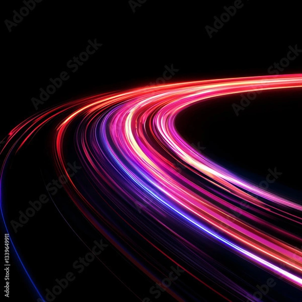 Fototapeta vibrant curved lines in red pink and purple tones streak across black background creating sense of speed