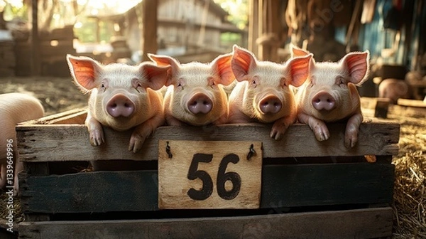 Fototapeta Four cute piglets peek from a rustic wooden crate, showcasing their delightful expressions in a warm barn setting, capturing the essence of farm life and innocence.
