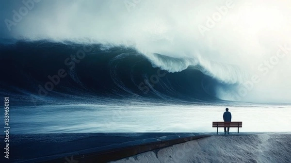 Fototapeta A solitary figure sits on a bench, gazing at an enormous and powerful wave. The tension of the scene represents nature's awe-inspiring beauty and its inherent danger.