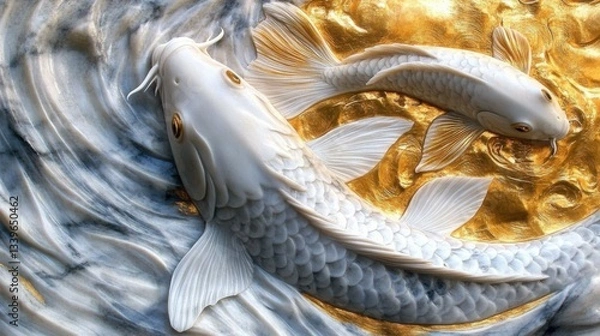 Fototapeta A beautiful representation of koi fish swimming gracefully, capturing the harmony between vibrant life and serene water ripples accentuated by golden hues.