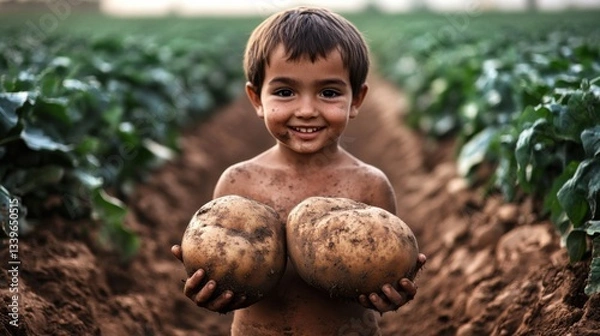 Fototapeta A joyful child stands in a potato field, holding two large potatoes, showcasing the beauty of nature and the connection between children and farming.