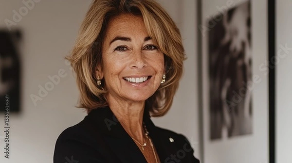 Fototapeta A confident and professional lady smiles warmly in an art gallery, exuding elegance and approachability with a stylish outfit and an inviting demeanor.