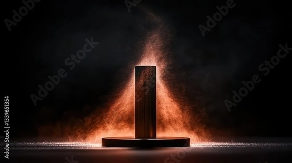 Fototapeta This striking image features a dark cylindrical shape surrounded by an eruption of dust, exemplifying the dynamic interplay between structure and chaos in art.