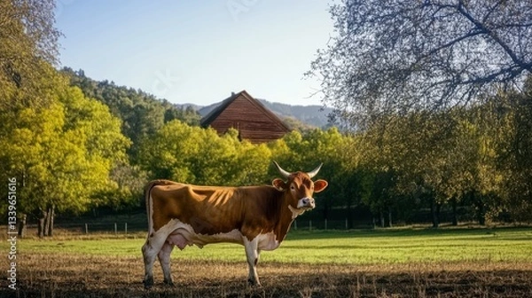 Fototapeta A serene image of a cow peacefully grazing in a vibrant green pasture, surrounded by trees and a rustic barn, reflecting the tranquility of rural life.