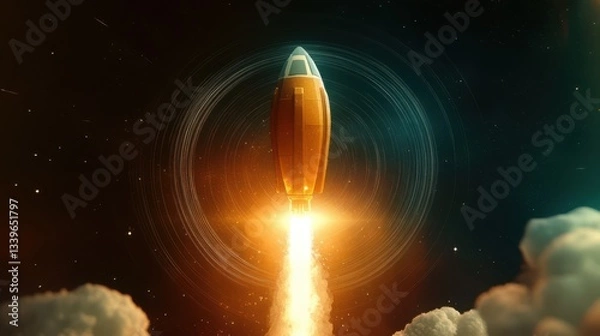 Obraz A stylized rocket ascends triumphantly into the cosmos, surrounded by a cosmic backdrop of colors, symbolizing innovation and exploration into the unknown realms of space.
