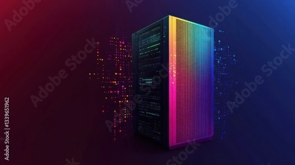 Obraz This image features a modern server rack with vibrant, colorful LED lights, symbolizing technology and digital evolution in a visually appealing manner.