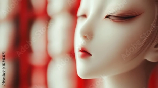 Fototapeta A stunning portrayal of an Asian woman, featuring an ethereal appearance with delicate features and soft makeup that evokes a sense of calm and introspection.