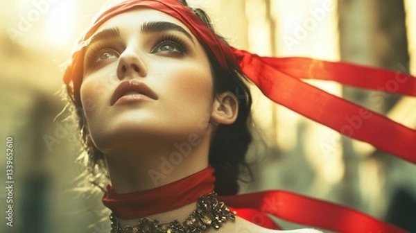 Fototapeta In this captivating image, a glamorous woman gazes upward with hope and aspiration, her elegant attire and accessories enhancing her radiant presence.