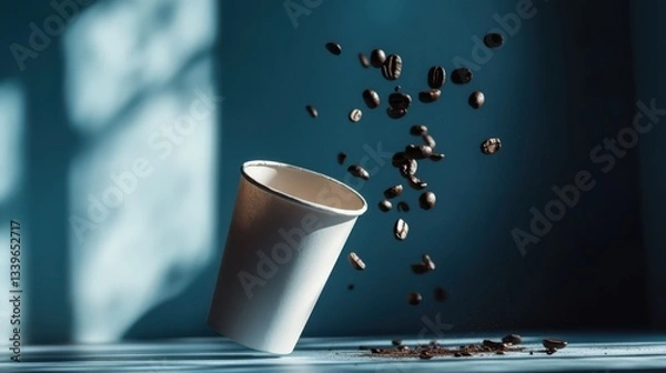 Fototapeta Dynamic composition of a coffee cup with flying coffee beans, depicting the energy and excitement associated with coffee culture and everyday rituals.