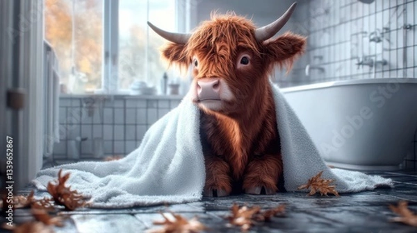 Fototapeta Adorable Highland cow sitting comfortably under a blanket, evoking feelings of warmth and safety in a serene indoor setting, perfect for animal lovers.