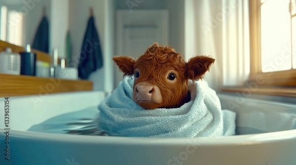 Fototapeta A charming scene of a young calf bathed and wrapped in a towel, embodying innocence and playfulness while showcasing a unique blend of farm life and domestic indulgence.