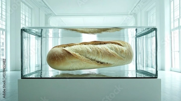 Fototapeta A fascinating bread sculpture elegantly suspended in water, creating an intriguing interplay of textures and reflections, challenging perceptions of food and artistry.