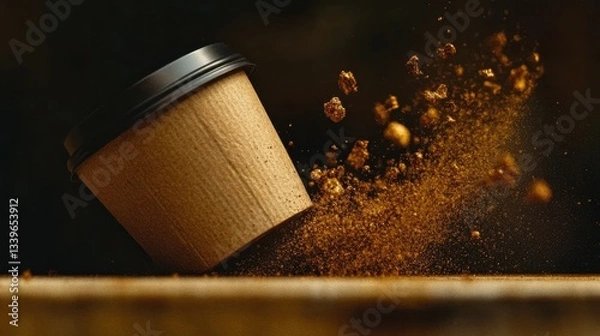 Fototapeta This dynamic image captures a coffee cup tipping over, spilling rich brown powder into the air, creating a sense of motion and excitement against a dark background.