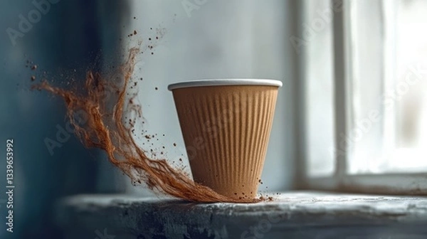 Fototapeta A brown paper coffee cup is placed on a surface with a dynamic splash of coffee around it, emphasizing energy and a modern lifestyle in a coffee culture setting.