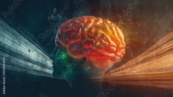 Fototapeta An artistic representation of a brain surrounded by vibrant colors and abstract shapes depicting thoughts flowing out, symbolizing creativity, intelligence, and the human mind.
