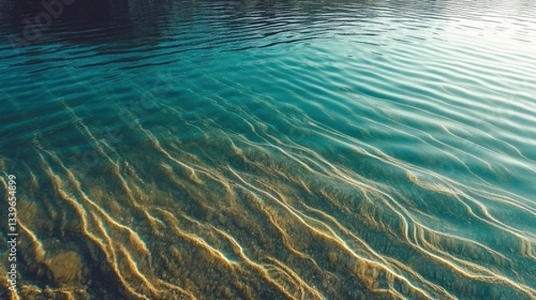 Fototapeta This image showcases a serene aqua water surface illuminated by sunlight, highlighting the natural beauty and tranquility of underwater landscapes.