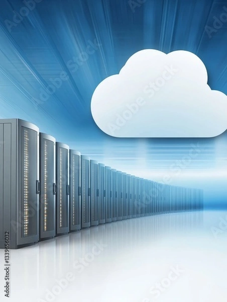 Obraz High Speed Cloud Data Transfer and Server Farm - Fast data transfer, cloud computing, server infrastructure, technology, global network. Symbolizing speed, efficiency, scalability