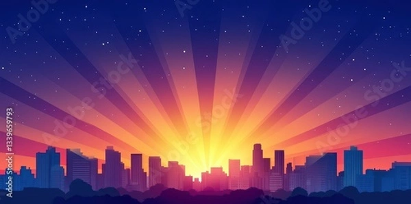 Obraz A stylized cityscape with a vibrant radiant sunset and starry night