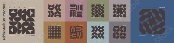 Fototapeta Kit of Postmodern geometric compositions with abstract shapes in brutalism aesthetics, mosaic of brutal figures, trendy color retro futuristic elements, vector modernist ornament, cards art 2