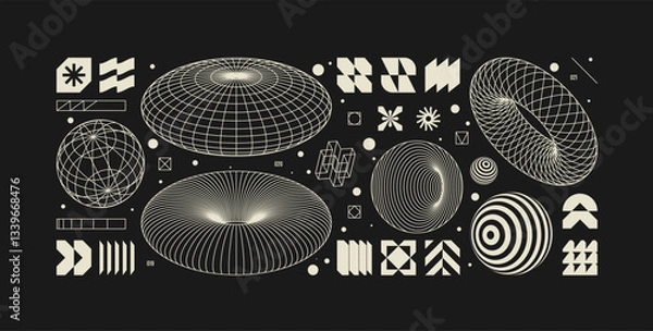 Obraz Vector graphic assets kit acid style, Postmodern abstract geometric shapes with wireframe elements of different forms, Y2K trendy design in brutalism aesthetic, template symbols set 7
