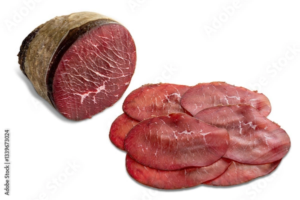 Fototapeta Sliced Bresaola ham, slices of Bresaola salami from Valtellina, Italy, cured meat isolated