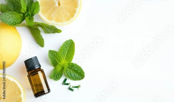 Fototapeta Boost Mental Activity at Work: Mint and Lemon Essential Oils on White Background with Copy Space, Aromatherapy for Improved Concentration