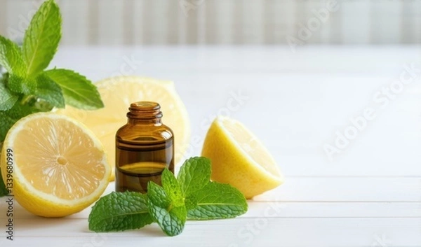 Fototapeta Boost Mental Activity at Work: Mint and Lemon Essential Oils on White Background with Copy Space, Aromatherapy for Improved Concentration
