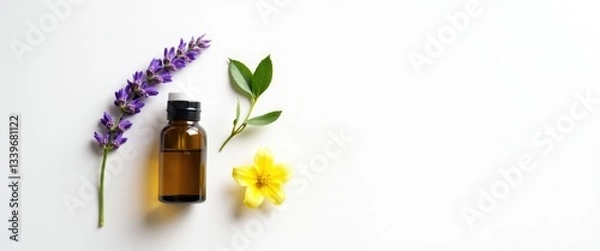 Fototapeta Aromatherapy to Improve Mood: Lavender, Tea Tree, and Ylang-Ylang Essential Oils on white Background for Office Wellness. Top view, copy space