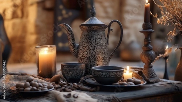 Fototapeta Ornate Teapot Candles Cups And Nuts On Rustic Table