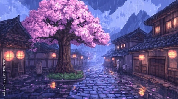 Fototapeta Pixel art image of a quiet Japanese town street during a rainy night, with cherry blossom tree and traditional buildings lit by warm lanterns.