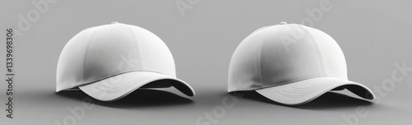 Fototapeta A mockup template of a white blank baseball cap with a visor. A sport cap uniform mock-up with a visor. A 3D realistic headwear for advertising