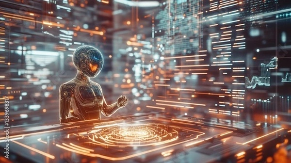Fototapeta A futuristic depiction of an AI hologram interacting with a floating digital interface, representing the advanced technology of artificial intelligence and data visualization in modern society.