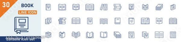 Fototapeta Book line icon set. Set of 30 outline icons related to book, education, dictionary, magazine, comic, brochure, school and others. Editable stroke. Vector illustration.