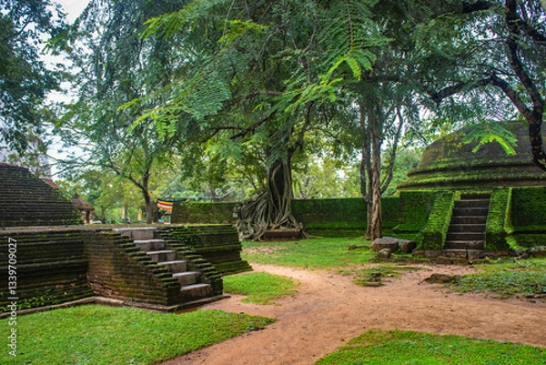 Obraz Dome shaped green stupa in the Kiri Vihara Buddhist temple ruins, royal ancient city of the Kingdom of Polonnaruwa,  the second capital of Sri Lanka,UNESCO Site, Sri Lanka, Asia