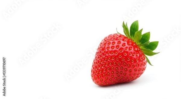 Fototapeta A single ripe strawberry with green leaves on a plain white background in a studio setting
