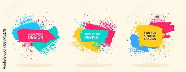 Fototapeta Vector illustration. Bright color dynamic banners set. Modern art graphic. Ink brush stroke frame with text. Paint splash and halftone dots. Design elements for poster, advertising, web template