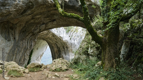 Fototapeta Scenic view of a natural stone arch cave surrounded by rugged rock formations and lush greenery. 