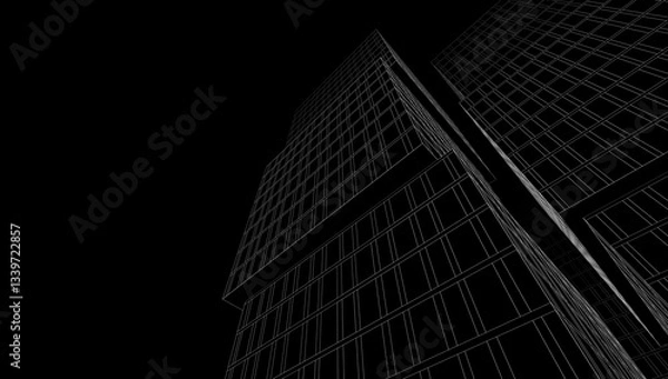 Fototapeta Modern Wireframe Skyscraper – Abstract Urban Architecture in Perspective 3D rendering