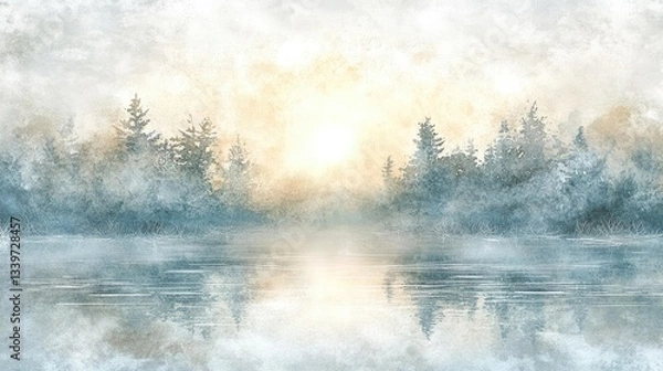 Fototapeta Misty Sunrise Over A Tranquil Lake In A Lush Forest Landscape Painting In Blue And Golden Hues. A Calm Morning Scene.  Soft Colors.  Dreamy Sunrise. Abstract Impressionistic Painting. Watercolor