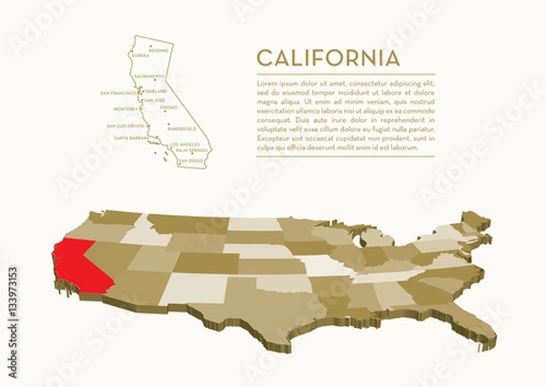 Obraz 3D USA State map - CALIFORNIA