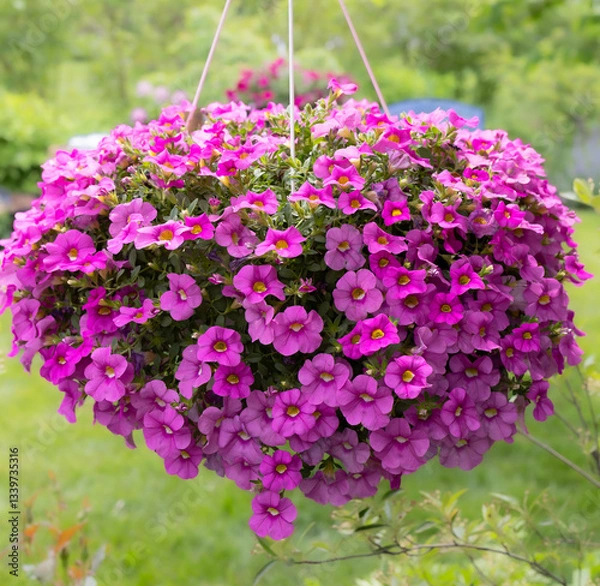Obraz Nothing shouts spring more than a hanging basket of million bells, bursting with tiny fuchsia, bubblegum pink trailing calibrachoa, vibrant, small petunia-like flowers with cascading growth habit. 