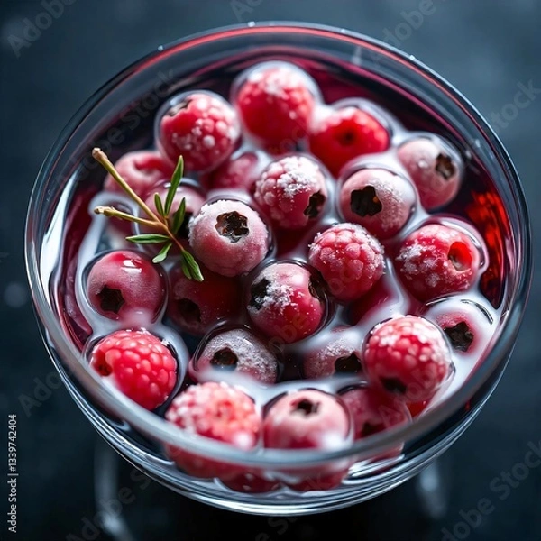Fototapeta raspberries in a porcelain bowl with sugar coating sprinkled on top