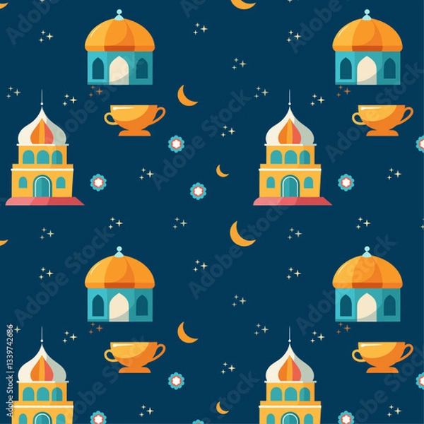 Fototapeta Ramadan-Themed Pattern with Lanterns, Moons, Stars, and Buildings on Dark Blue Background