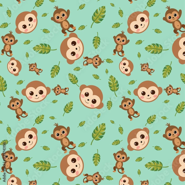 Fototapeta Seamless Pattern of Adorable Cartoon Monkeys with Green Leaves