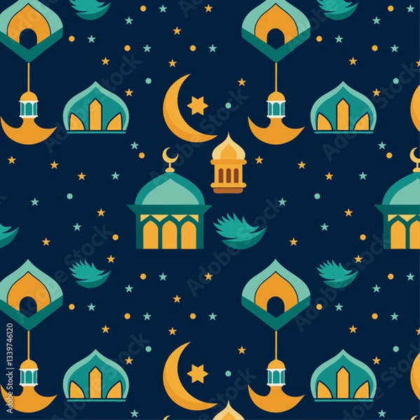 Fototapeta Seamless Ramadan Pattern with Mosques, Lanterns, and Crescent Moons