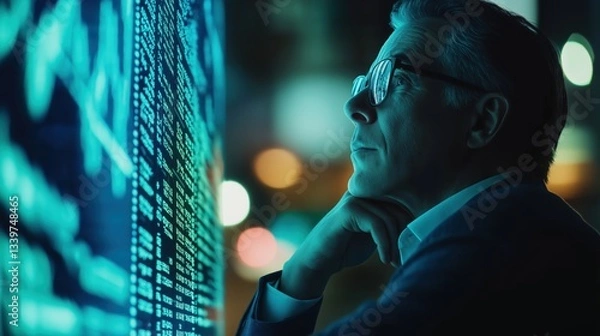 Obraz Man contemplating data displayed on a digital screen at night.