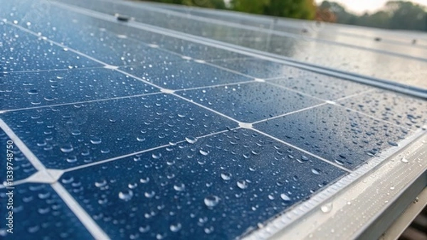 Fototapeta Close-up View of Solar Panels with Water Droplets Reflecting Sunlight After Rain, Showcasing Renewable Energy Technology and Sustainability Efforts